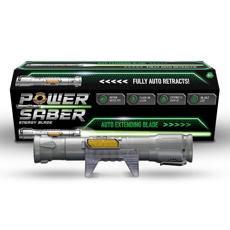 lot 56033 image: Power Saber Energy Blade Green First Ever Automatic Saber Auto Extending & Retracting Saber Extends 35 (90cm) Motion Based SFX Ages 6 and up by Goliath - Retail $50