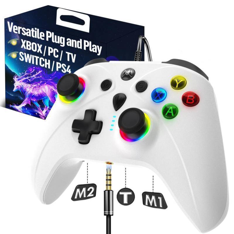 lot 56046 image: Wired Xbox Controller for X Box Series X S One PC PS4 Switch, Gaming Control Controllers with 1000Hz Polling Rate No Drift Stick, Custom Paddles Turbo Remote, RGB Light White Gamepad - Retail $36