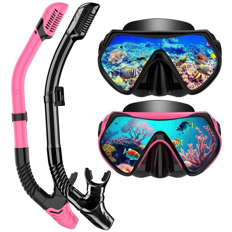 lot 56047 image: Snorkeling Gear for Adults, Dry-Top Snorkel Set Scuba Diving mask, 180°Panoramic Wide View Professional Snorkeling Gear Breathing Freely Snorkel Mask (Missing pink Mouth Piece) - Retail $25