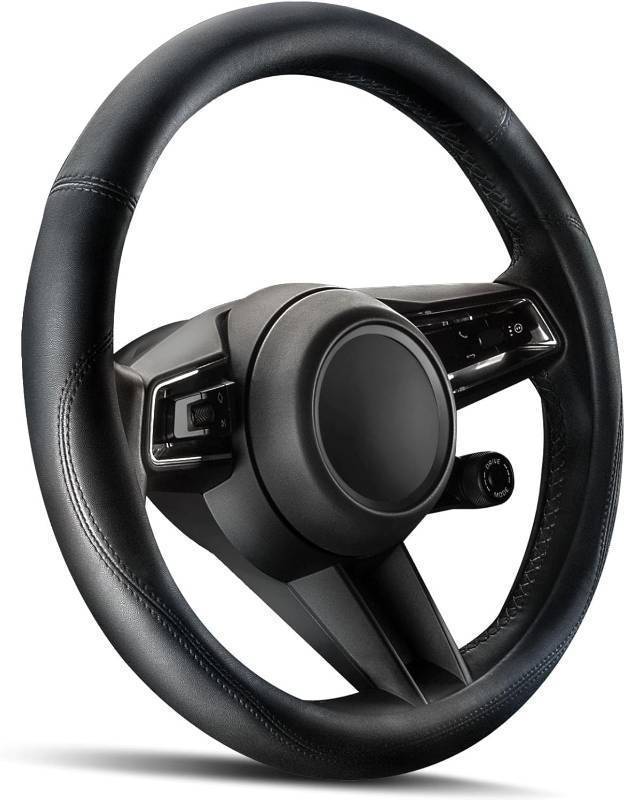 lot 56055 image: Car Steering Wheel Cover - Universal Car Accessory for Diverse Cars, Leather Cover with Anti-Slip Lining, for Steering Wheel with a Diameter of 14.5-15,Black - Retail $8