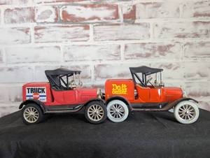 lot 1201 image: Classic Model T Ford Die Cast Cars Set with Truck Stop and Do-It Center Branding