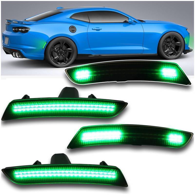 lot 26324 image: Smoked LED Side Marker Lights for 2016-2023 Chevy Camaro - Dynamic Sequential Turn Signals  Dynamic Green Front & Rear  Plug & Play 4-Piece Direct Fit (Green) - Retail $48