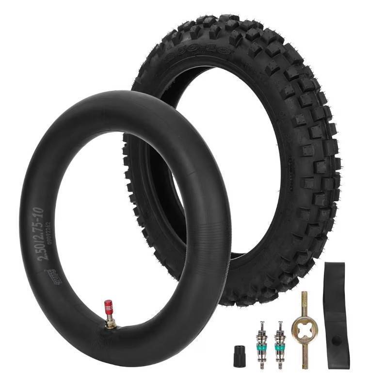 lot 26505 image: 2.50-10 Tire and Inner Tube with TR4 Valve Stem for CRF50XR50 DRZ70JR50 PW50 Coolster QG-210 QG-213A MX650 MX500 Baja Dirt Runner 49 CR60R SX500 Dirt Rocket QG-210 MVX70 MVX110 Tao db10 PW50 - Retail $29