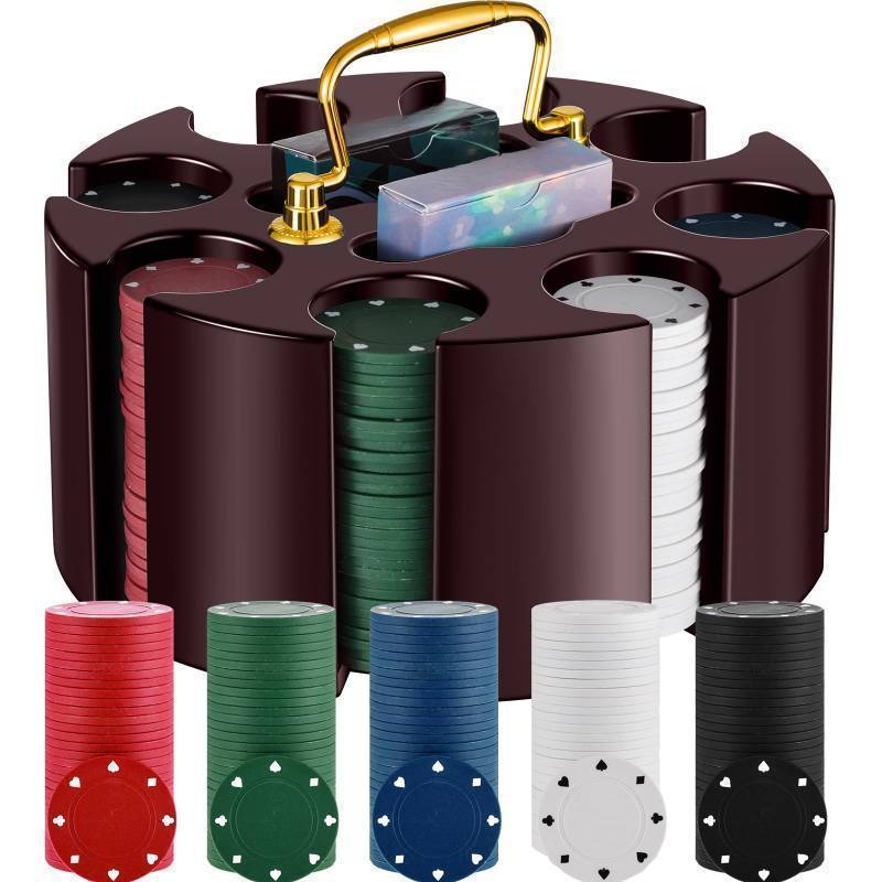 lot 44359 image: Poker Chips Poker Set, 200 Count Rotating Chip Case Wood Carousel Case Holder with 200 Pcs Chips and 2 Decks of Playing Cards for Casino Party Supplies Family Game Accessory. SOME LOOSE CHIPS.  - Retail $47