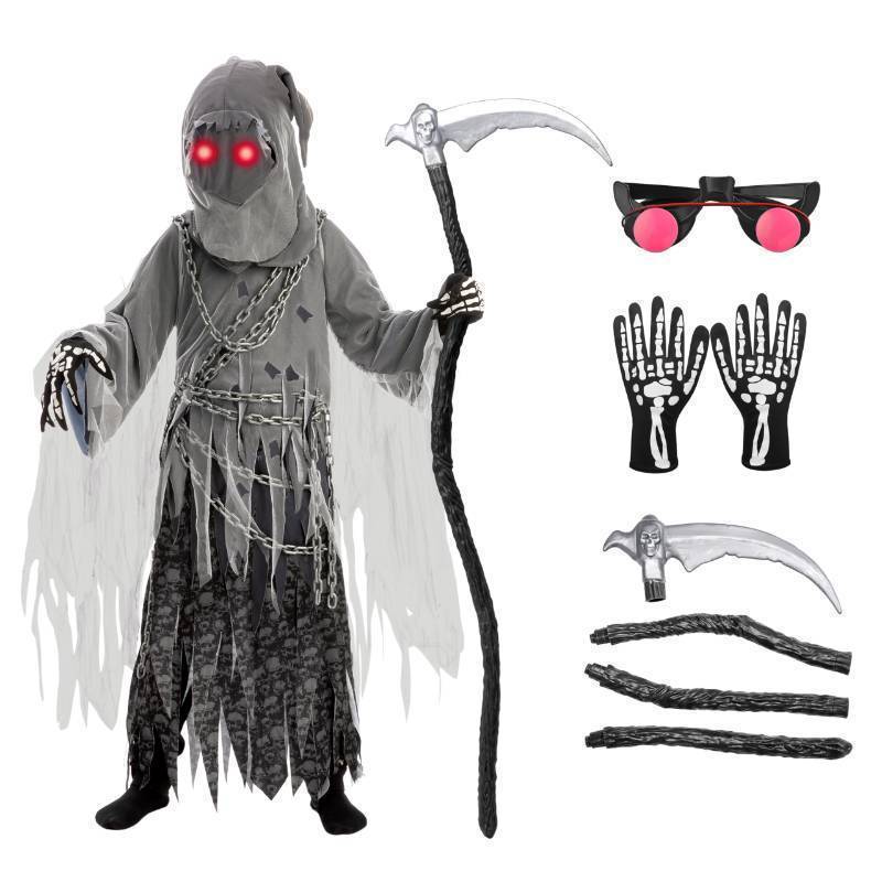 lot 55189 image: Spooktacular Creations Child Unisex Grim Reaper Costume, Halloween Costume with Glowing Red Eyes for Kids Trick-or-Treating-S(5-7yr) - Retail $38