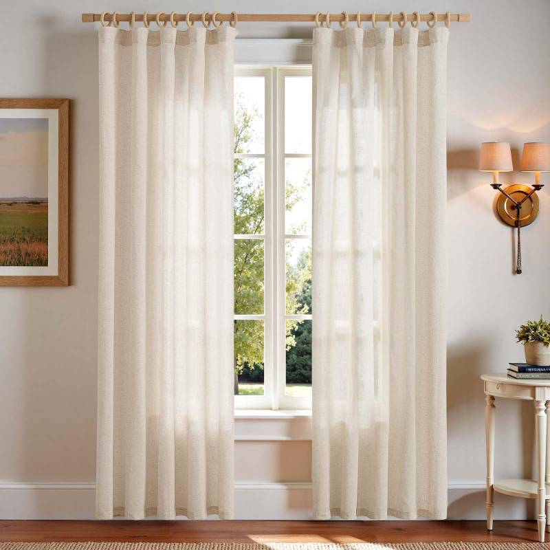 lot 56536 image: Linen Sheer Curtains 90 Inch Length 2 Panels Set Light Filtering Window Curtains for Living Room Bedroom Farmhouse Drapes for Home Decor Drapes, Back Tab, Linen Natural, 50W x 90L - Retail $40
