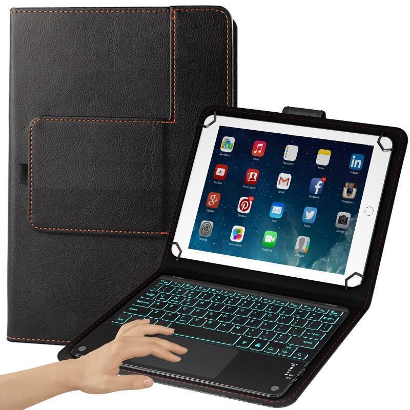 lot 56596 image: TouchPad Keyboard case for 9,9.7,10.1,10.2,10.5,10.9,11 Tablets,2-in-1 Bluetooth Wireless Keyboard with Touchpad,7 Colors Backlit & Leather Folio Cover(Black) - Retail $37
