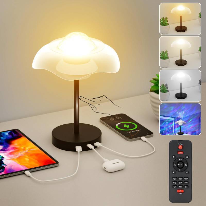 lot 56687 image: Starry Sky Bedside Table Lamp with Remote Control, RGB Cordless Desk Lamp with Touch-Slide Stepless Dimmable, Mini Rechargeable Night Light with USB Charging, LED Mood Light - Retail $30