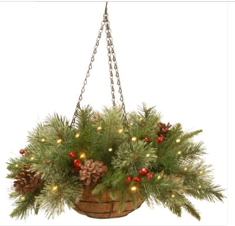 lot 56711 image: 20 Holiday Pre-Lit Pine and Berries Hanging Basket - Retail $80