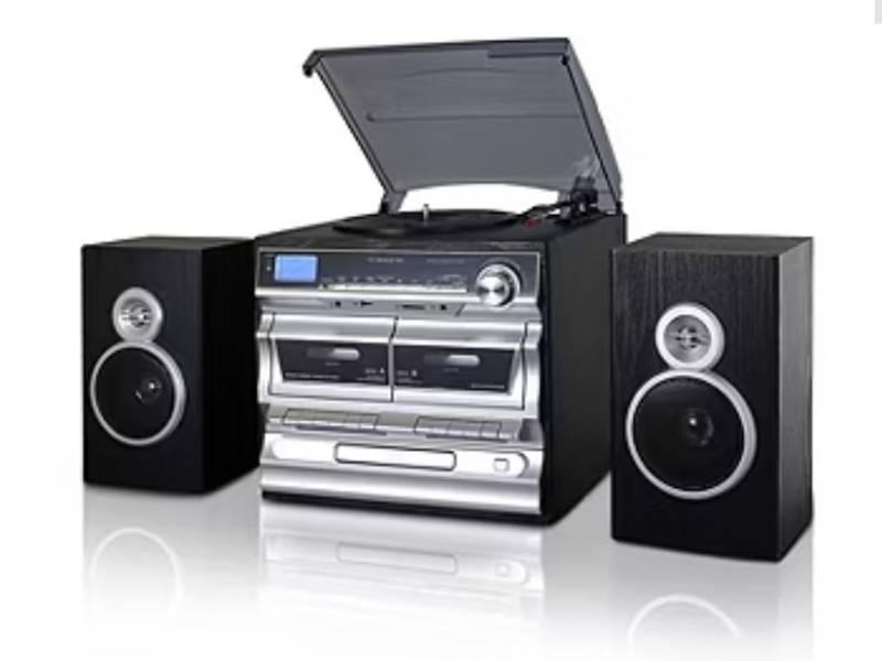 lot 56739 image: 3 Speed Turntable with CD Player, Double Cassette Player, Bluetooth, FM Radio & USBSD Recording - Retail $150