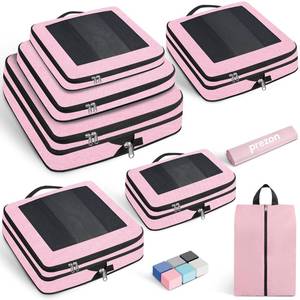 lot 72341 image: Compression Packing Cubes for Travel, Lightweight Vacation Travel Essentials, Travel Accessories for Suitcase Organizer Bags Set, Durable Luggage Organizer, 8 set, square mesh, Rose Pink - Retail $27