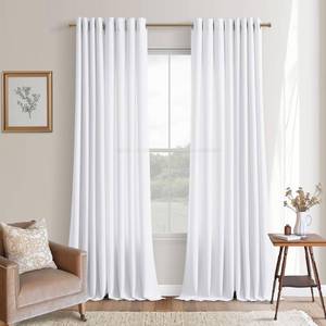 lot 72342 image: Linen White Long Curtains 90 Inches Long for Living Room 2 Panels Set Light Filtering Neutral Modern Farmhouse Boho Non-See-Through 90 Inches Length 8 ft Window Curtain for Sliding Door Patio - Retail $35