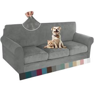 lot 72362 image: Luxury Velvet Couch Cover 4 Piece (72-92) Stretch Sofa Covers for 3 Cushion Couch Thick Soft Sofa Slipcover with Non Slip Strap, Dog Pet Friendly Nice Furniture Protector (Grey) - Retail $27