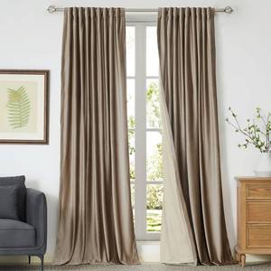 lot 72367 image: Blackout Taupe Velvet Curtains, 96 inch Long, Set of 2 Panels, Liner Rod Pocket, Back Tab, Thermal, Room Darkening, Heavy Decorative Curtains for Living Room & Bedroom - Retail $56