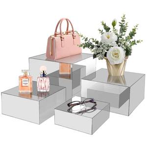 lot 72375 image: 4Pcs Acrylic Risers Display Stands, Food Risers for Buffet Table, Acrylic Cube Mirror Risers for Catering Dessert, Jewelry Collectibles Party, Silver - Retail $38