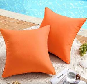lot 72386 image: Pack of 2 Decorative Outdoor Waterproof Pillow Covers Garden Cushion Sham Throw Pillowcase Shell for Fall Patio Tent Couch 16x16 Inch Orange - Retail $17