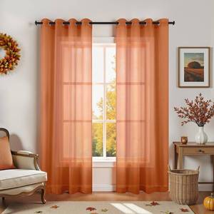 lot 72392 image: Burnt Orange Curtains 84 Inch Length for Living Room, Bohemian Autumn Boho Fall Decor Set of 2 Panels Grommet Faux Linen Semi Sheer Thanksgiving Curtains for Dining Room Bedroom 52x84 Inches Long - Retail $19