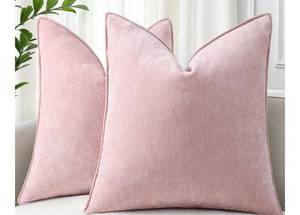 lot 72399 image: Summer Couch Throw Pillow Covers 18x18 Set of 2, Decorative Soft Velvet Modern Cozy Chenille Pillow Cases with Elegant Design for Sofa Bed Living Room Home Decor, Blush Pink - Retail $15