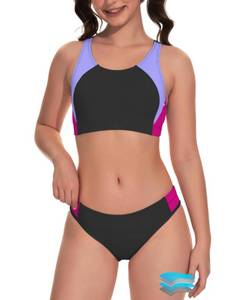 lot 72403 image: Beautikini Period Swimwear Two Piece Menstrual Leakproof Sporty Bikini Sets Bathing Suit Period Swimsuit for Teen Girls (Black Purple,XXS) - Retail $47
