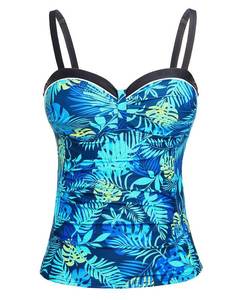 lot 72405 image: Womens Underwire Tankini Top Only Tummy Control Swimsuit Top Push Up Bathing Suit Top No Bottom Blue Leaves XL - Retail $33