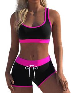 lot 72407 image: Womens Sporty Printed Two Piece Swimsuits Racerback Crop Tops Boyshort Bottom Swimwear Bathing Suit, L - Retail $32