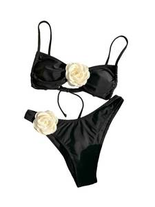 lot 72408 image: Womens 2 Piece Bikini Set High Waisted Bathing Suit Tie Back 3D Rose High Cut Thong Bikini Swimsuit Beachwear Black Small