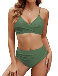 lot 72409 image: Womens High Waisted Bikini Sets Two Piece Swimsuit Tummy Control Bathing Suit V Neck Twist Front Swimwear Swim Suit 2025(Medium, Light Army Green) - Retail $22