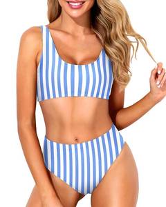 lot 72411 image: Womens Blue Stripe Tie Dye Two Piece Scoop Neck Bikini Crop Top Swimsuit Sporty High Waisted Bathing Suit M - Different Design  - Retail $354
