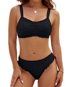 lot 72416 image: Blooming Jelly Womens Bikini Set Cheeky Two Piece Bandeau Bathing Suits Black Mid Rise Ruffle High Cut Eyelet Swimsuit, L - Retail $25
