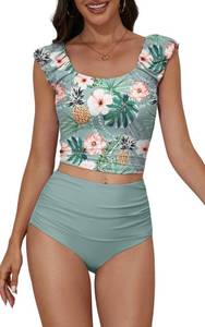 lot 72417 image: Tankini Swimsuits for Women Ruched Tummy Control Bathing Suit Two Piece Swim Tank Top with High Waisted Bottom Green Floral L