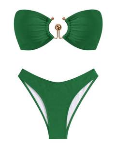 lot 72418 image: Womens Metal Ring Decor Bandeau Bikini Set Lace Up Back Tied Side Strapless Bathing Suit 2 Piece Bikini Deep Green M - Retail $30