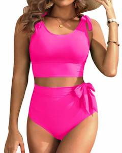 lot 72419 image: Two Piece High Waisted Swimsuits - Women Tummy Control Bikini Modest Bathing Suit 2PC 2025 Hot Pink XL - Retail $38