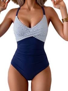 lot 72420 image: Womens One Piece Swimsuits Tummy Control Front Cross Bathing Suits Tie Back Slimming V Neck Swimwear L - Retail $37