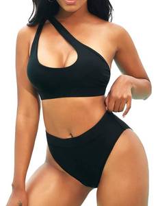 lot 72426 image: One Shoulder Cutout Black Bikini Set for Women High Waisted Bottom Swimsuit Two Piece Bathing Suit, M - Retail $37