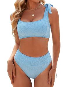 lot 72428 image: Womens High Waisted Bikini Set Tie Strap Jacquard Terry Cloth 2 Piece Swimsuit 2025 Modest Cute Retro Vintage Bathing Suit (Medium, Sky Blue) - Retail $30