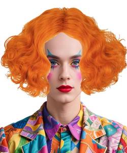 lot 72440 image: Half and Half Short Curly Orange Kinky Hat Costume Wig Ginger Middle Part Wave Synthetic Hair for Women Men Halloween Party Unisex - Retail $19