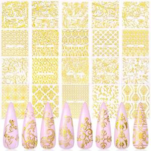 lot 72446 image: Metallic Flowers & Vine Nail Decals - 20 Sheets 3D Flower Lace Adhesive Stickers - Gold Floral Nail Decor - Retail $9
