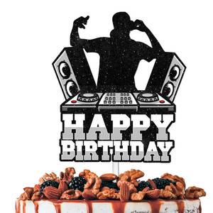 lot 72452 image: Black Glitter Roller DJ Cake Topper Cheer to Rock and Roll Music Theme Decor Supplies Men Women Happy Birthday Party Decorations - Retail $7