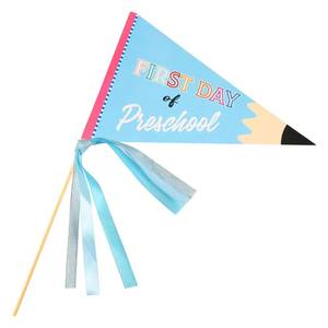 lot 72454 image: First Day of Preschool Flag, Pennant Banner Flags with Ribbons and Wood Stick Festive Party Pennants Cheerful Kindergarten Flag Decorative Preschool Banner for First Day of School Decorations