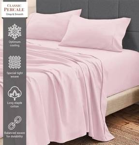 lot 72464 image: 100% Cotton Split King Sheets Set - Crisp, Breathable Percale Weave Bed Sheets - Fully Elasticized 15 Deep Pocket Cooling Sheet - Long Staple Combed Cotton Split King Size Sheet - Light Pink - Retail $104