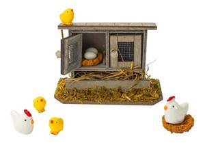lot 72466 image: Miniature Retro Wooden Chicken Coop Mini Family Chicken, Hen, Chick, Egg, Chicken Nest Ornament Micro Landscape Fairy Garden Decor - Retail $13