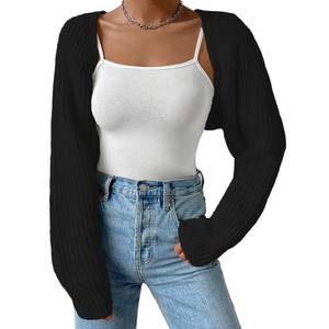 lot 72477 image: Womens Open Front Ribbed Knit Crop Bolero Drop Shoulder Long Sleeve Solid Loose Fit Knitted Crop Cardigan Shrug Black - Retail $20
