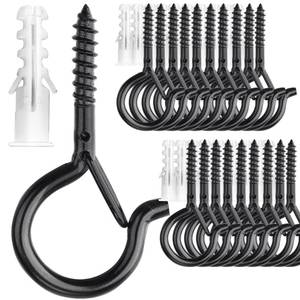 lot 72483 image: 20 Pack Outdoor Screw Hooks for Hanging Plants String Lights Heavy Duty, 2.2 Inch Eye Hook Screw in Cup Hooks Q-Hanger for Patio Lights, Ceiling Wall Wood Fence Deck Mount(Black) - Retail $10