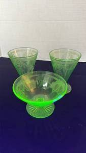 lot 1087 image: Uranium glass cameo footed goblets and mayo server