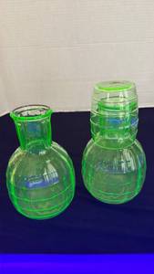 lot 1111 image: Uranium glass bedside water pitchers with one glass