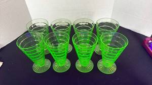 lot 1134 image: Block optic uranium glass footed tumblers (8)
