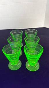 lot 1136 image: Block optic uranium glass footed tumblers (6)