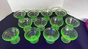 lot 1137 image: Block optic uranium glass footed sherbet glasses (12)