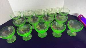 lot 1138 image: Block optic uranium glass footed sherbet glasses (14)
