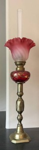 lot 1300 image: Antique Victorian Cranberry Glass and Brass Banquet Lamp